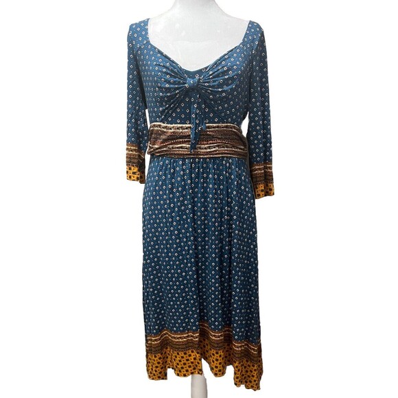 Maeve Dresses & Skirts - Maeve Anthropologie Teal Gold Border Print Knit Dress Sz M Hippie Boho Western